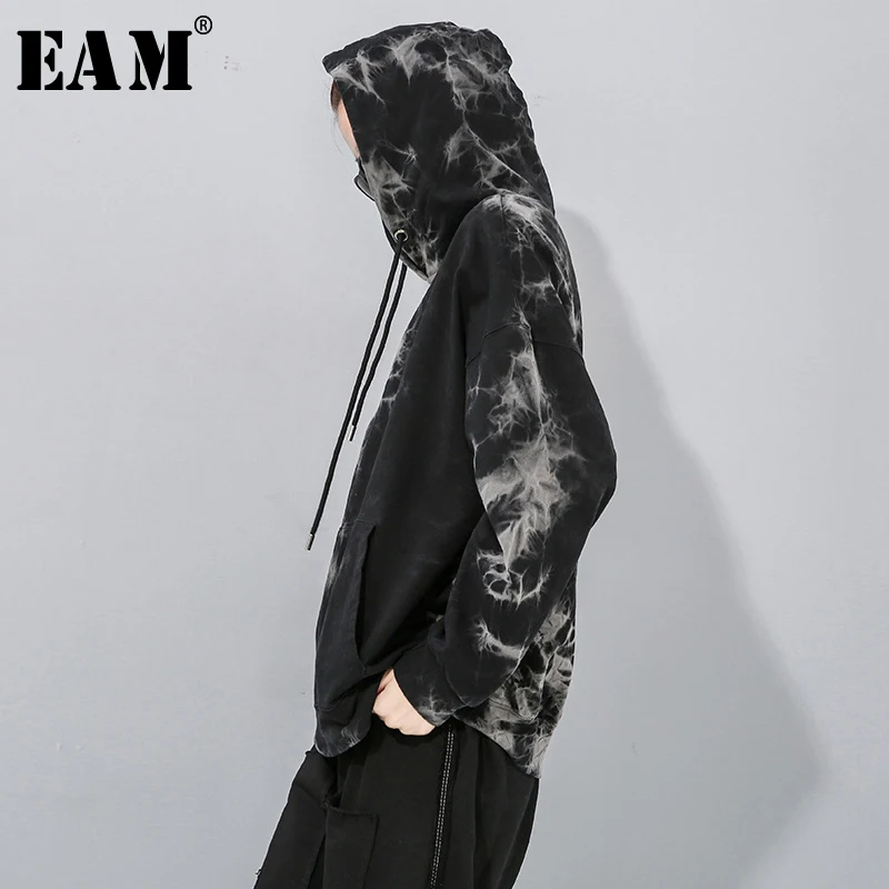 

[EAM] Loose Fit Black Pattern Print Oversized Sweatshirt New Hooded Long Sleeve Women Big Size Fashion Tide Spring 2020 1N896
