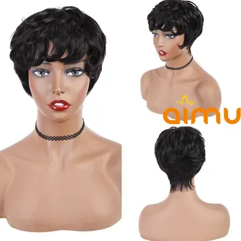 

Wavy Pixie Cut Wig Full Machine Made Wig with Bangs Glueless Short Bob Wigs for Black Women Remy Brazilian Hair 180% Density