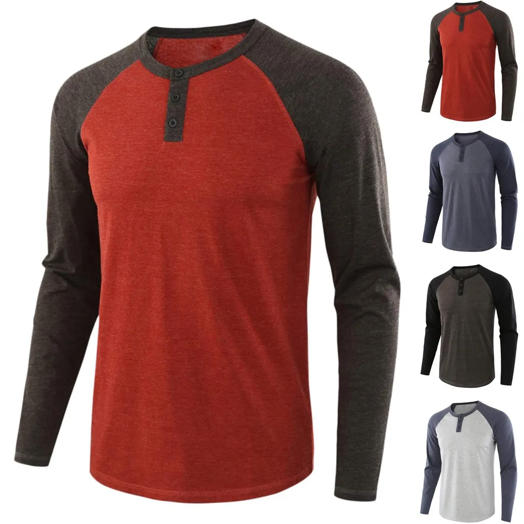 

2019 Fall Tops Fashion Men's Long-sleeved Round Collar Solid Patchwork Tops Blouse T-shirts Dropshipping20 Baseball Tshirt