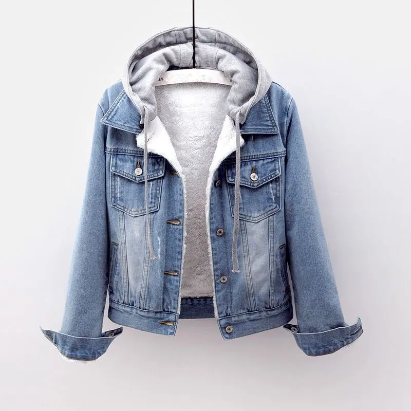 Women's Denim Jeans Coat, Hooded Jackets, Thick Fleece Fur, Plush Lining, Short Tops, Vintage Long Sleeve, Autumn, Winter