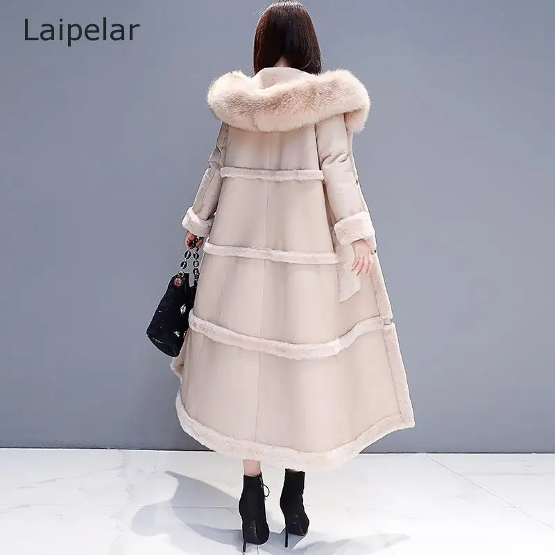 Winter Lamb Fur Coat Women  Fur Collar Faux Leather Thick Warm Long Coat Elegant Metal Magnetic Buttons Coat 2020 New