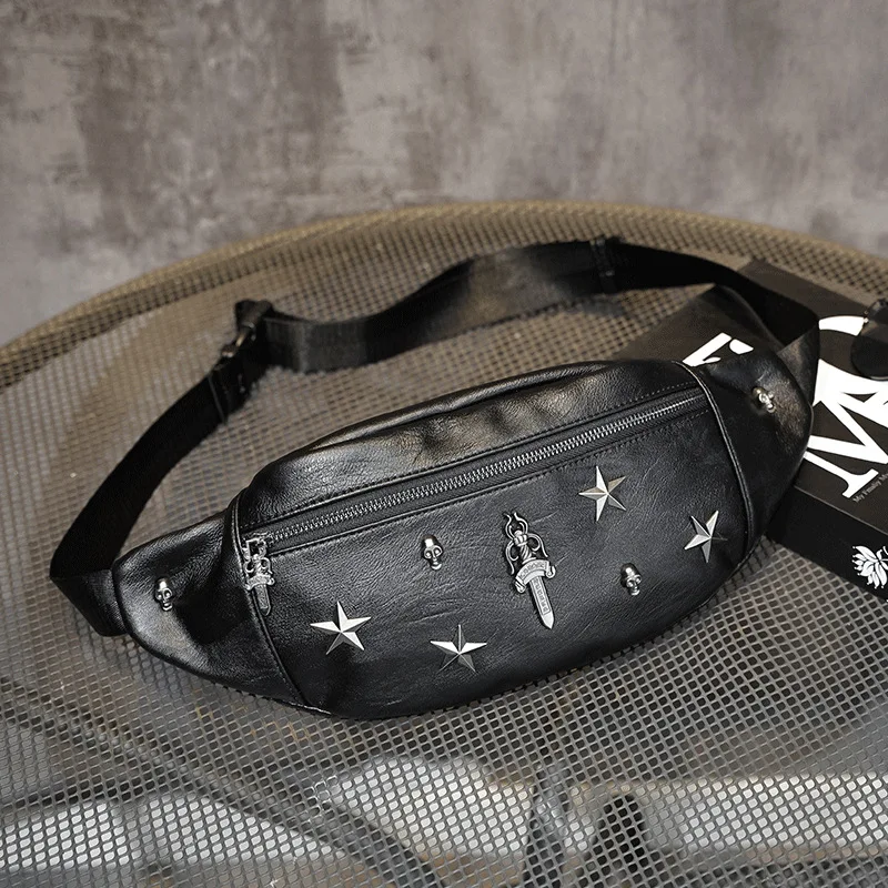 

NEW Men's Large Capacity Skull Chest Sling Bag Travel Hiking CrossBody Bag Sword Messenger Shoulder bags Solid Men Leather Bag