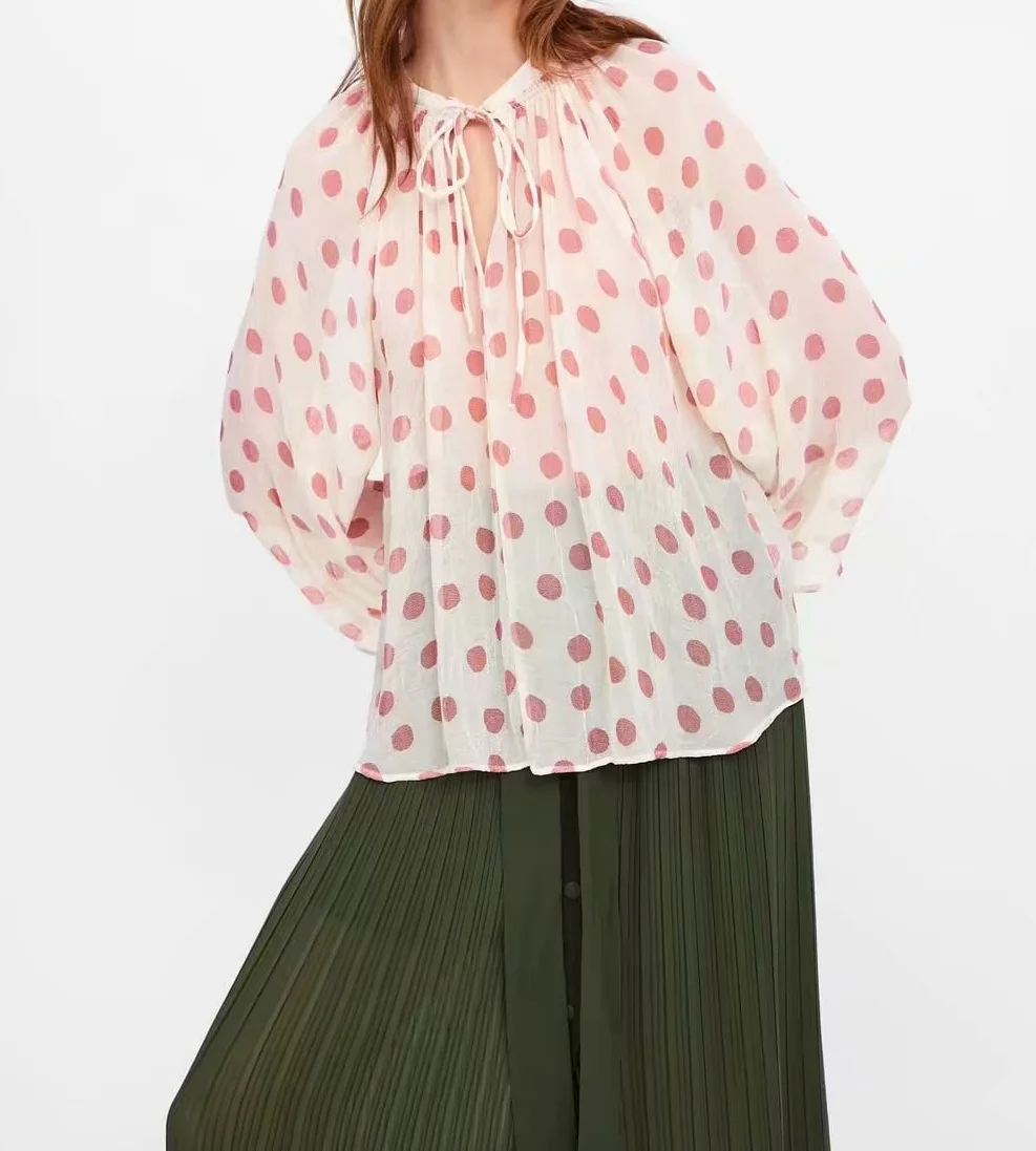 

Beach Blouse Women Polka Dot Thin Section Perspective Loose V-Neck Plus Size Ladies Tops
