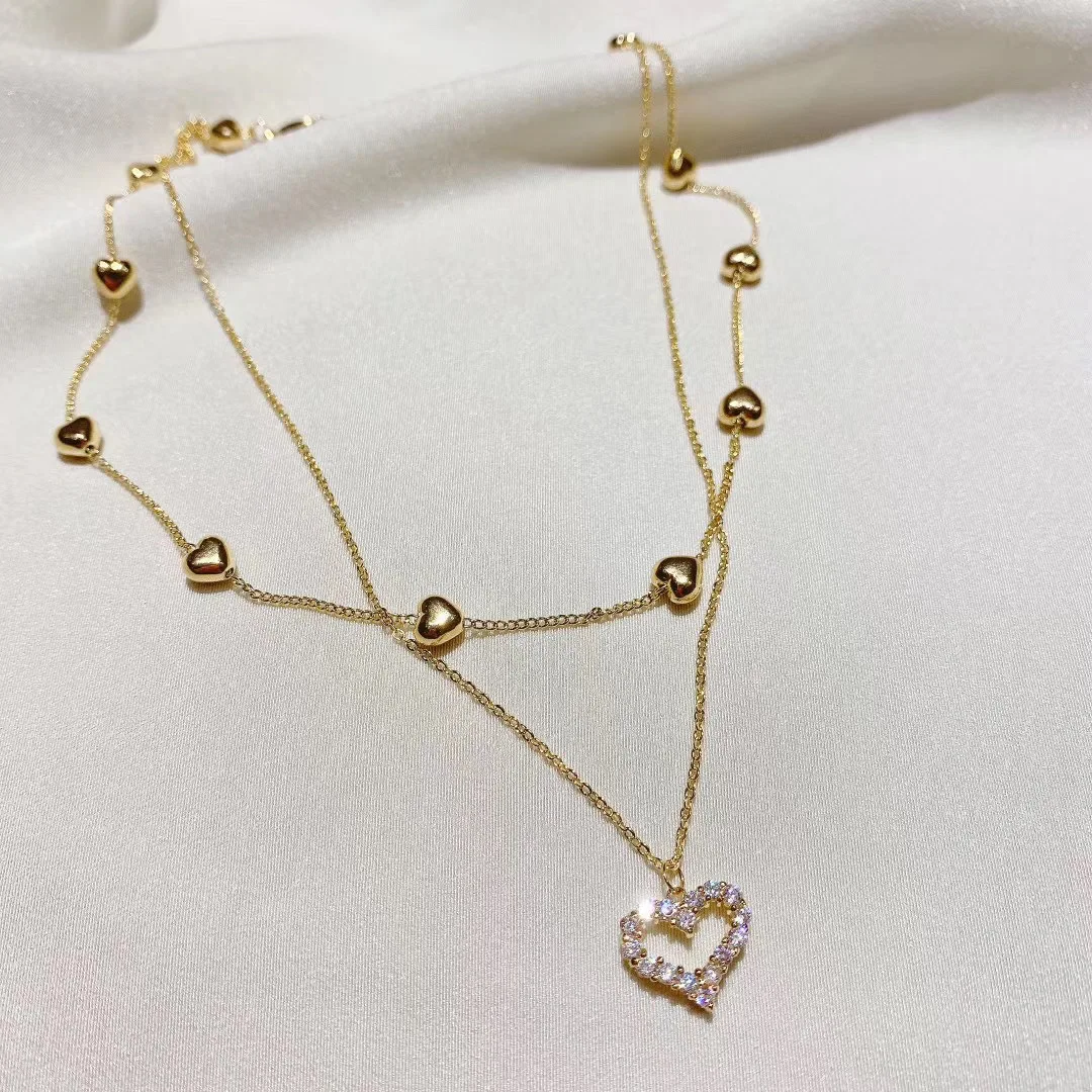 Korean new fashion jewelry multi-layer chain copper inlaid zircon love pendant cute careful shape clavicle female necklace