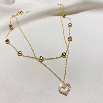 Korean new fashion jewelry multi-layer chain copper inlaid zircon love pendant cute careful shape clavicle female necklace