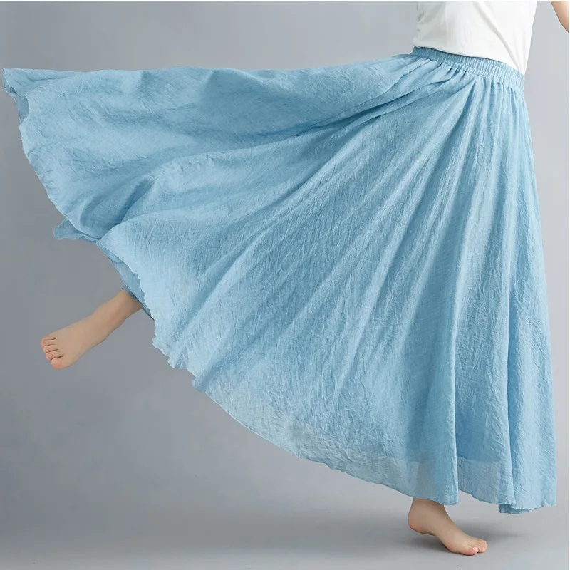 blue2 Женские повседневные свободные длинные юбки из льна и хлопка, длинные юбки с эластичной талией, плиссированные макси юбки, пляжные богемные винтажные летние юбки - Цвет: blue2