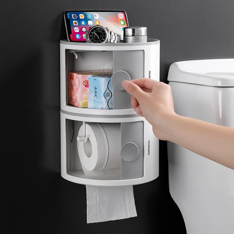 

Toilet Tissue Box Toilet Household Storage Roll Stand Hole-Free Wall Hanging Storage Rack Multi-Function Laminated-