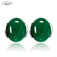 Genuine Real Pure Solid 925 Sterling Silver Stud Earrings for Women Jewelry Green Elegant Natural Chrysoprase Female Earrings