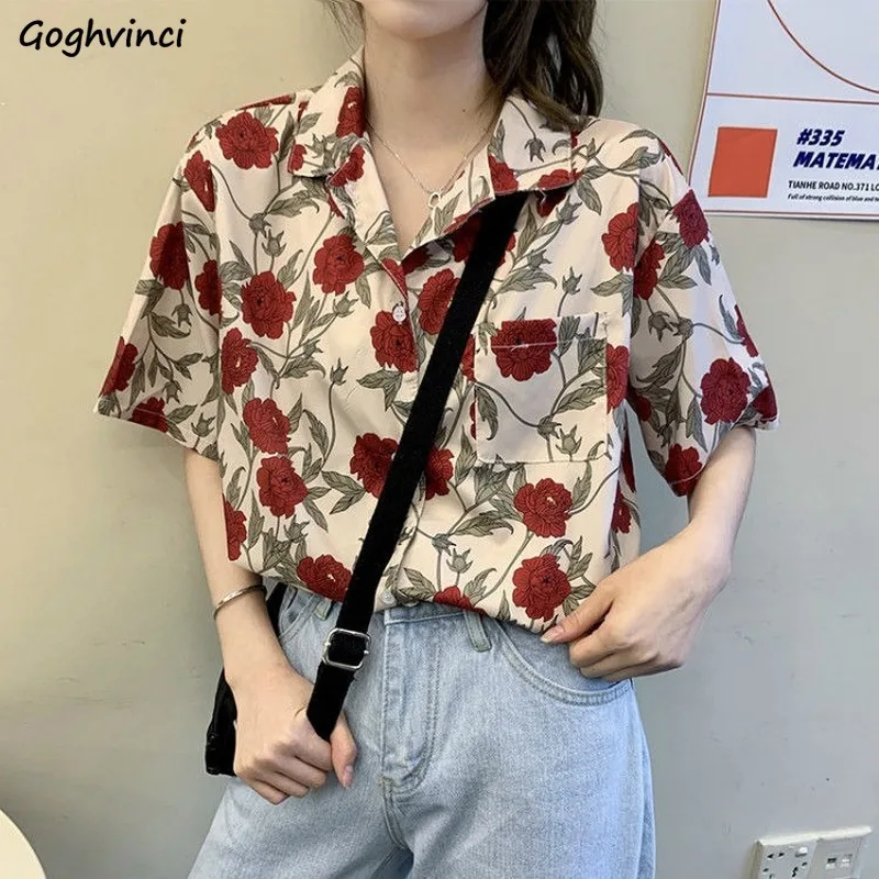 Blusa holgada Vintage de manga corta para verano, camisa con estampado de rosas Harajuku, estilo coreano