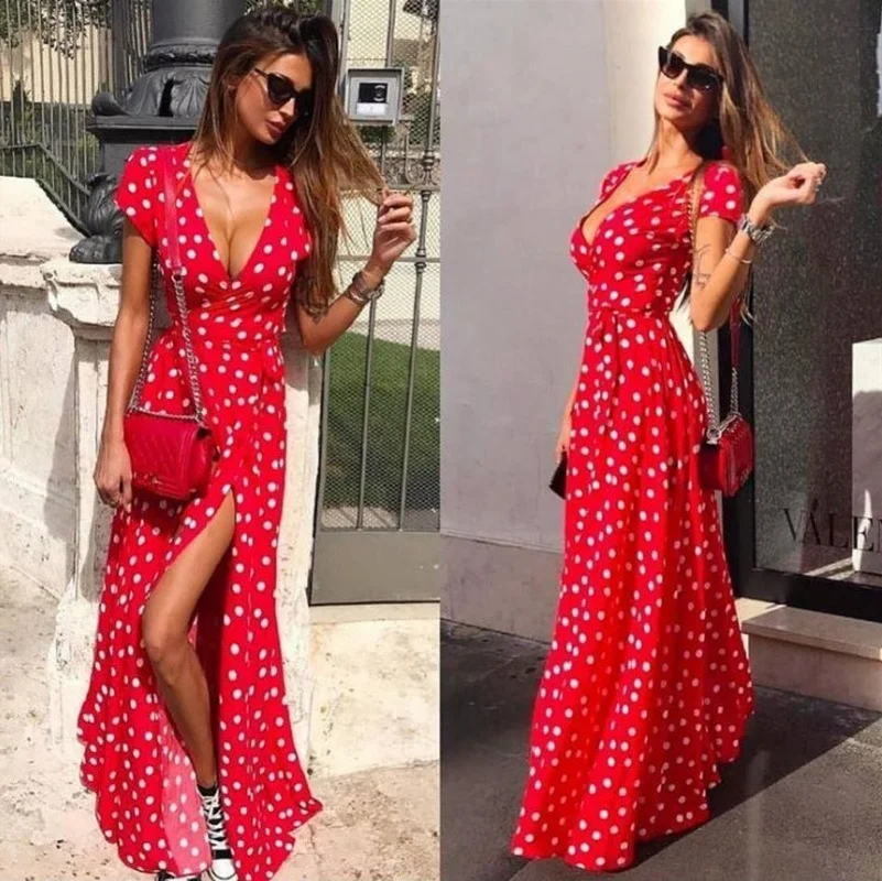 

Women Polka Dot V-Neck Maxi Dress Female Sexy Fork Opening Long Dresses Belt Lady Split Party Outfit Plus Size Boho