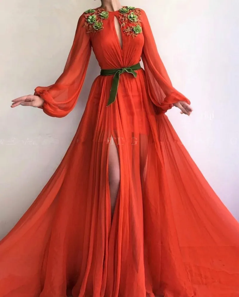 Красные мусульманские Вечерние платья трапециевидной формы с высоким воротником шифоновая с длинными рукавами цветы щелевая Дубай Саудовская Арабский длинный формальный вечернее платье