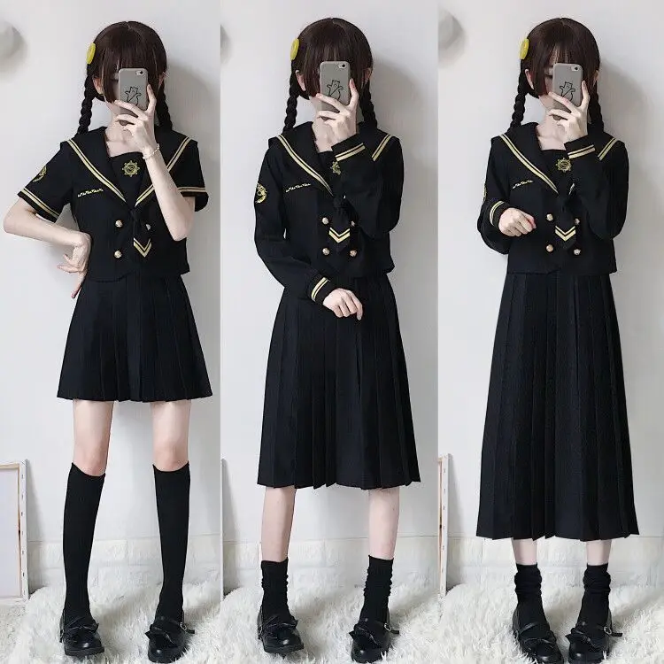 

Japanese School Uniform Sailor Shirt Skirt Set Bad Girl Doll Black Gothic Solid Color Pleated JK Suit High School Student Outfit