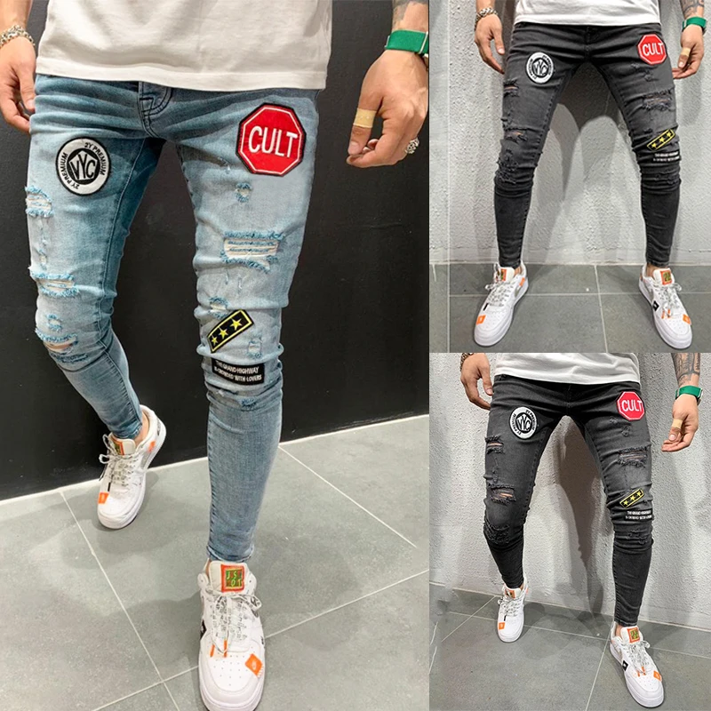 Jeans Men Stretchy Ripped Skinny Biker Embroidery Print Destroyed Hole Taped Slim Fit Denim Scratched High Quality Jeans Homme