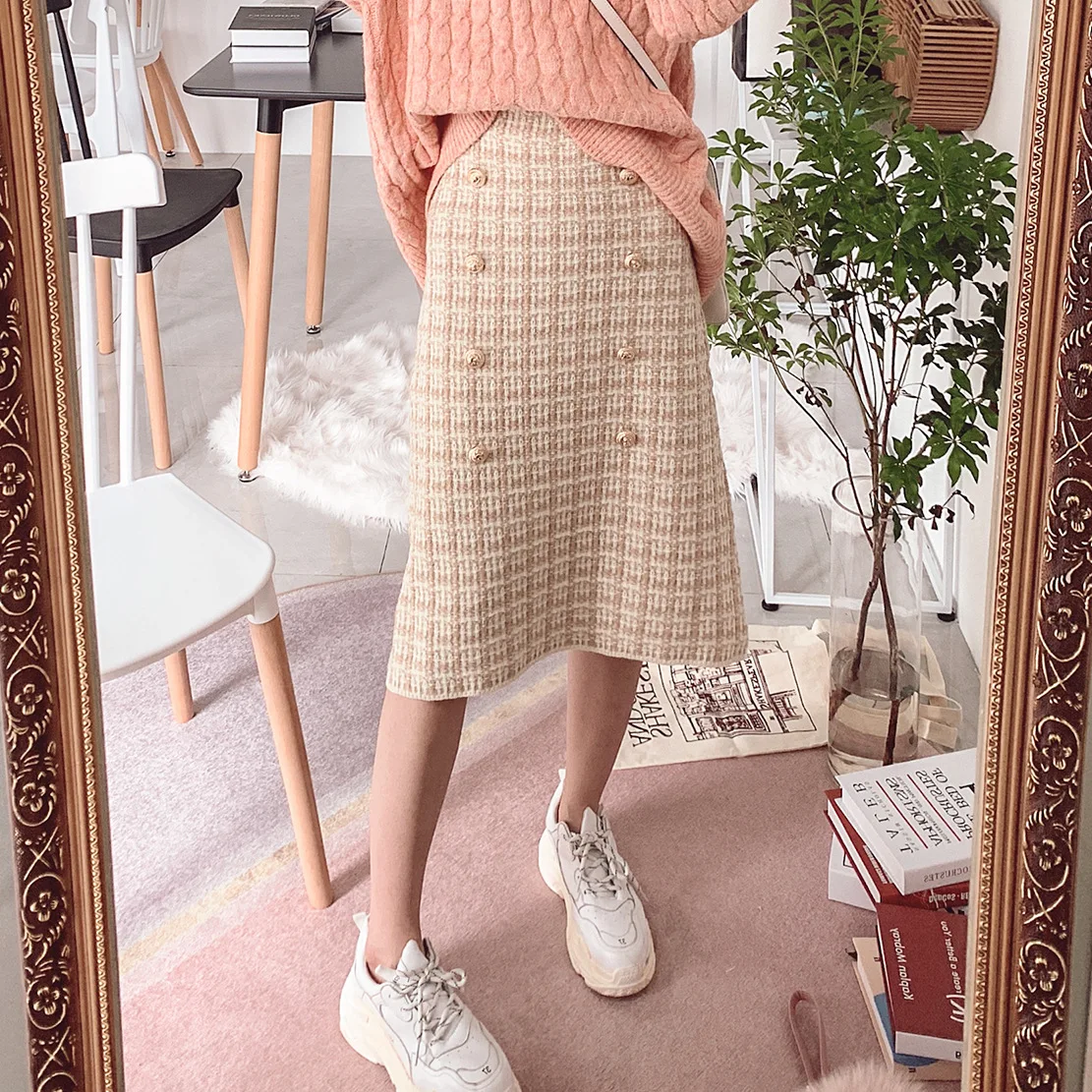 

Autumn Half-length Skirt New Women Rabbit Hair Blended Golden Onion High Waist Women Thickened Wool Half-body Skirt