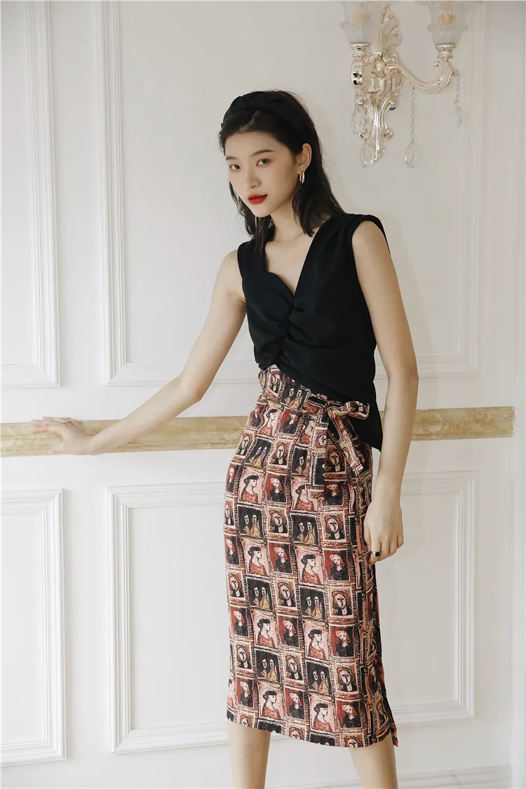 CHEERART Vintage Chiffon Skirts Womens Print High Waist Beach Wrap Skirt Lace Up Ladies Bohemian Skirt Straight Knee Length