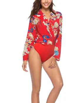 

Women Summer Casual Floral Print Bodysuit Elegant Deep V-neck Long Sleeve Romper Jumpsuit