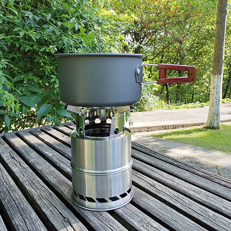 TOP!-Outdoor Products 304 Stainless Steel Wood Stove Camping Set Pot Picnic Cookware Combination Se