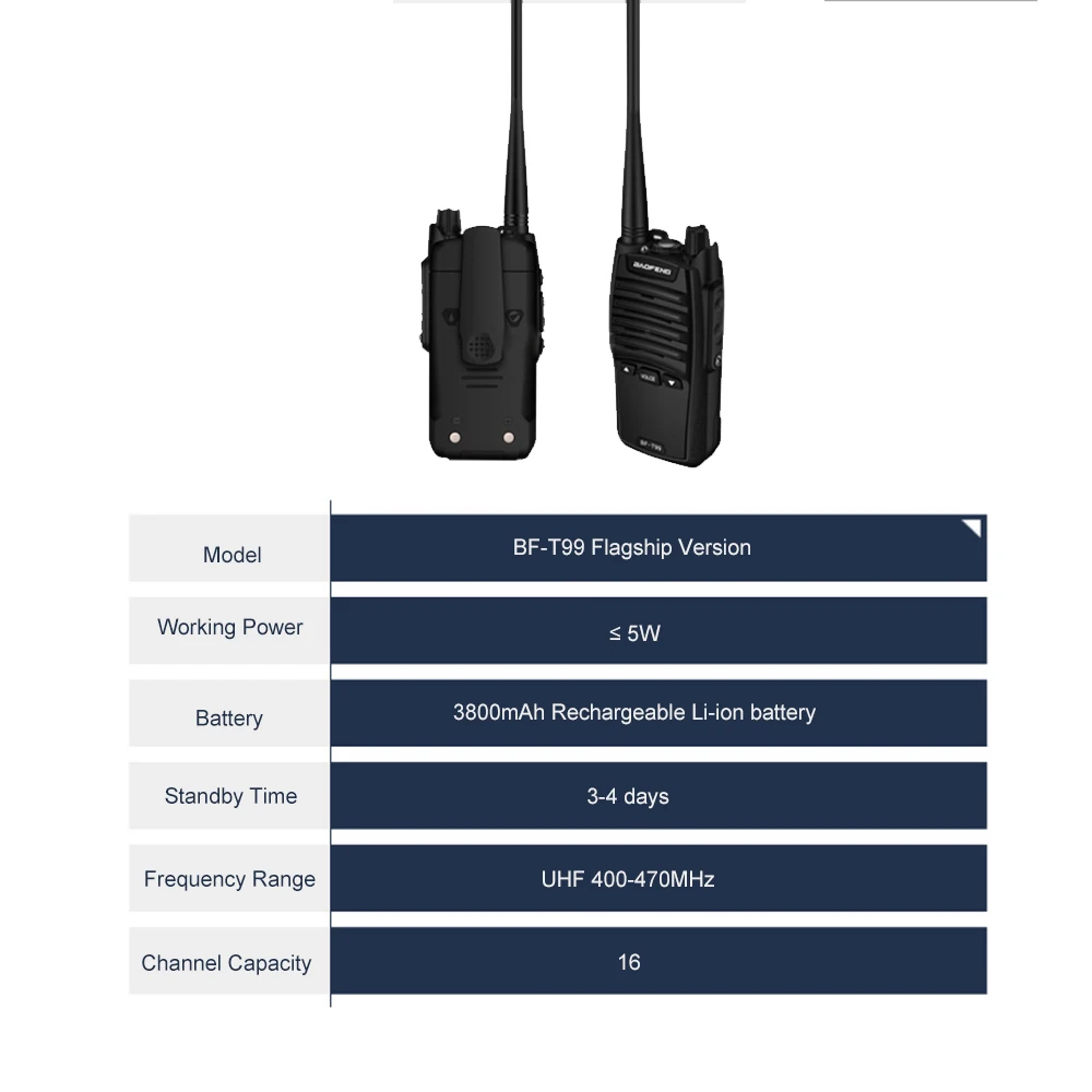 2 шт. BAOFENG BF-T99 мини-рация двухстороннее радио 16CH 400-470 МГц фонарик приемопередатчика Высокая Антенна 3800 мАч батарея