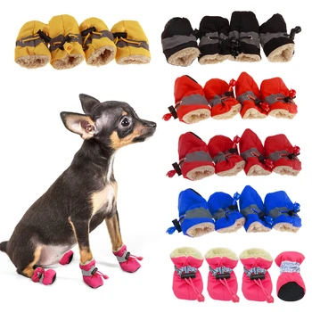 

4pcs/set Winter Reflective Thick Plush Warm Pet Shoes Dogs Snow Boots Anti-slip Waterproof Shoes for Small Dogs Cats Accessories