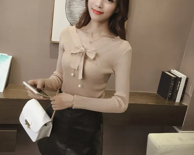 

2019 autumn women's sweater solid color wild temperament slim sweater was thin V-neck long-sleeved sweater bottoming sweater