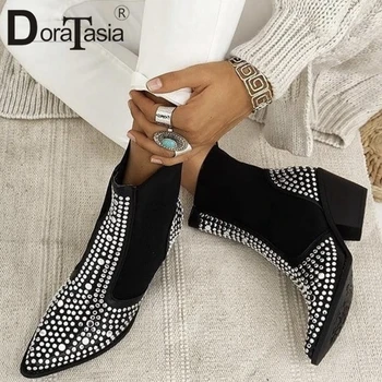 

DORATASIA Fashion Brand Decorating Chelsea Boots High Chunky Heels Boots Women Elegant Patchwork Ankle Shoes Woman