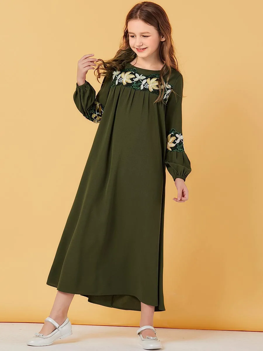 Girls Abaya Muslim Embroidery Maxi Dress Ethnic Children's Wear Family Matching Outfits Kimono Long Robes Eid Ramadan Islamic