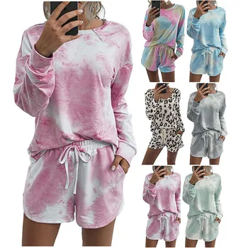 

Women 2 Pieces Sets Tie Dye Tracksuits Long-Sleeved O-Neck T-shirt +Shorts 2 Pcs Suit Night Casual Outfits Homewear Big Size