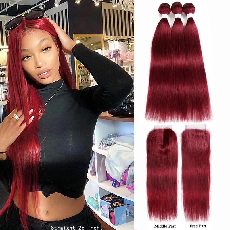 99J/Burgundy Human Hair Bundles With Closure 4x4 Red Color Brazilian Straight Hair Weave Bundles With Closure Non-Remy Hair KEMY
