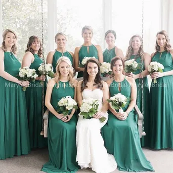 

Long Hunter Green Bridesmaid Dresses Halter Neck Floor Length Chiffon Maid Of Honor Dresses Cheap Party Dresses For Wedding