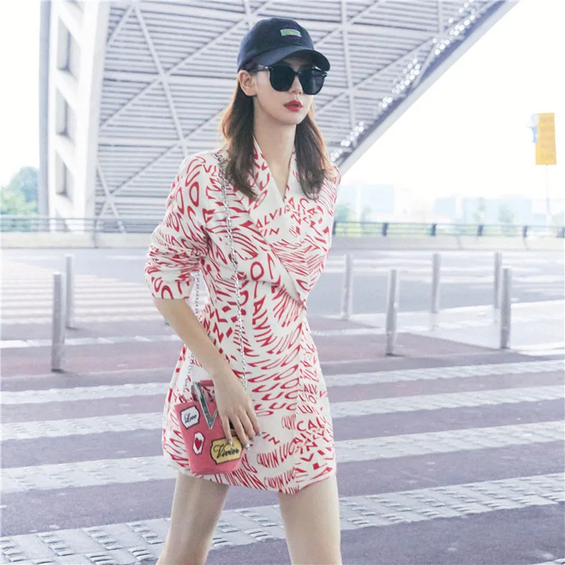 

Elegant Women Blazer Dress 2019 Autumn Turn-down Collar Long Sleeve Red Letters Printed Shirt Dress OL Jacket Dress Streetwear