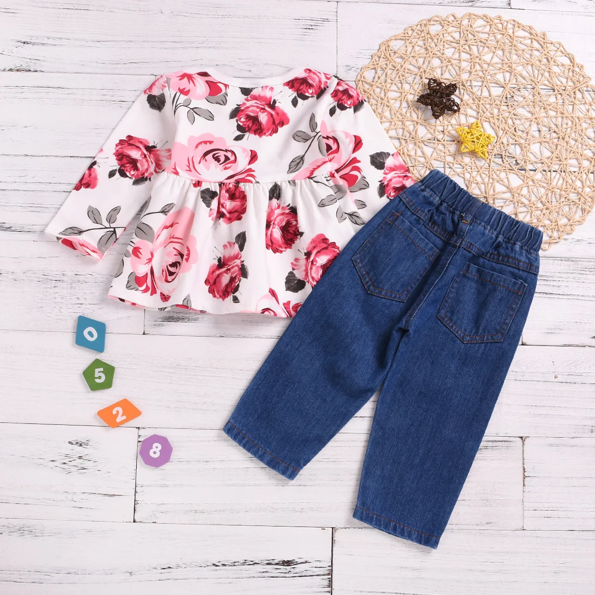 

2019 Spring And Summer Girls Denim Suit Infants Child Rose Tops with Holes Jeans Set