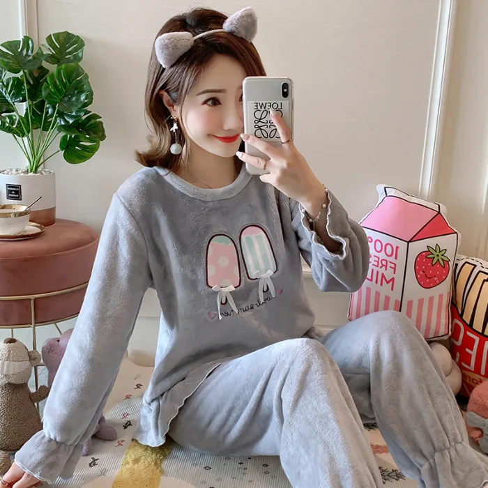 Осенний женский пижамный комплект, зимняя симпатичная Студенческая пижама с длинными рукавами и рисунком, домашняя одежда, женские пижамы, пижамы для сна - Цвет: 815 gray