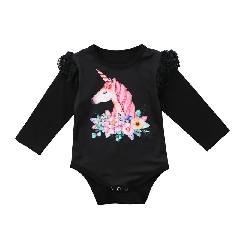 

Newborn Kids Baby Boys Girls Long Sleeve Unicorn Pattern Bodysuit Jumpsuit Outfit Lace Ruffles Cotton Soft Causal Bodysuit 0-24M