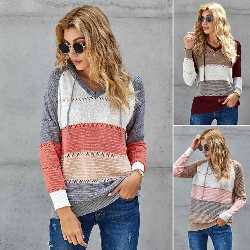 安い 店舗 ニット付きスウェット女性ヨーロッパとアメリカのファッションカラーストライププルオーバー女性ニットセーター 通販オンライン ショップ Coldwellbankerstt Com
