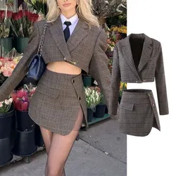 FAKUNTN Za 2021 blazer corto para mujer, trajes de moda de otoño con falda de Tweed, minifalda sexy para oficina, conjuntos informales de 2 piezas