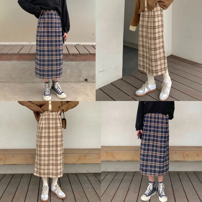 

Photo Shoot 2020 Autumn And Winter Online Celebrity Mid-length Slit Elegant High-waisted A- line Retro Plaid Skirt Women's