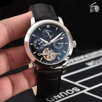 

Classic New Men Rose Gold Silver Brown Leather Automatic Mechanical Sapphire Moon Phase Tourbillion Watches Glass Back AAA+