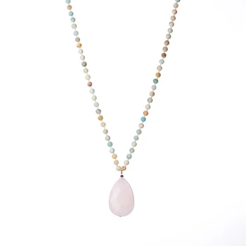 

34" Long Beaded Strand Necklace for Women Gift, Made of Natural Amazon Stone with Big Teardrop Pink Quartz Pendant