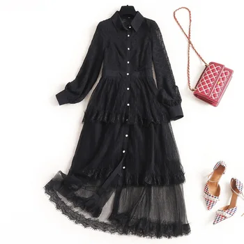 

Vintage Dress Solid Cascading Ruffle Mid-Calf Turn-down Collar Robes Femme Nouveautes 2020 Vestidos Novos De blue