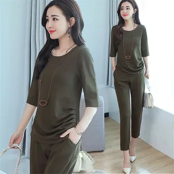 

Two Piece Set Women's Summer Tracksuits Casual 2Pcs Short Sleeve O-neck Tops+Cropped Trousers Ladies Lounge Sports Suits
