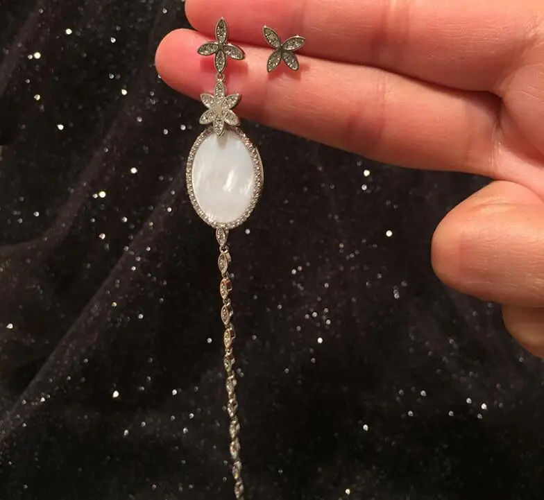 

Wheat women long tassel fairy luxury earring elegant temperament S925 silver flower asymmetric white pearl ear accessori