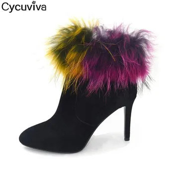 

Runway Thin Heels Ankle Boots For Women Colorful Fur Mules Black Suede Ladies T-Show Shoes Woman Point Toe Short Boots