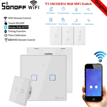 

SONOFF T2 Wifi Smart Switch Touch Screen Remote 1/2/3 Gang 433Mhz RF/Voice/APP/Touch Ewelink Smart Home With Alexa Google Home