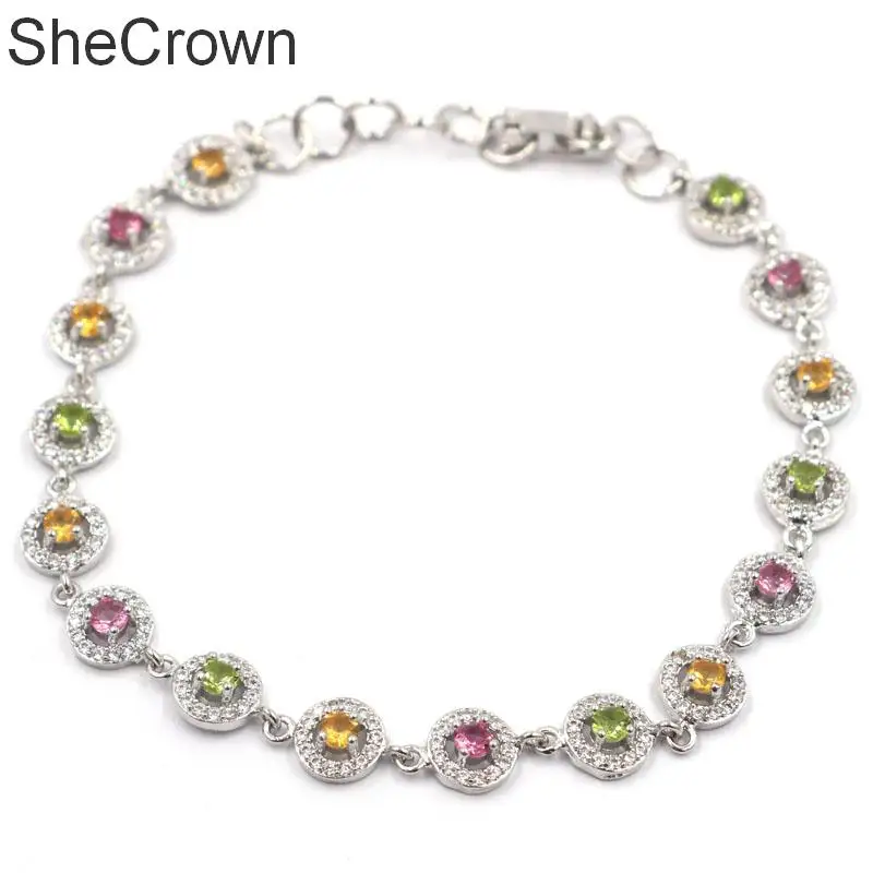 

8x8mm Multi Color Tourmaline Citrine Green Peridot CZ Party Silver Bracelet 8.0-9.0in