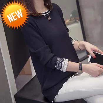 

Size Plus Splice Color Wave Knitted Tops Autumn Winter Clothes Fashion Loose Lace Trim Pullovers Sweaters Oversize Jumper