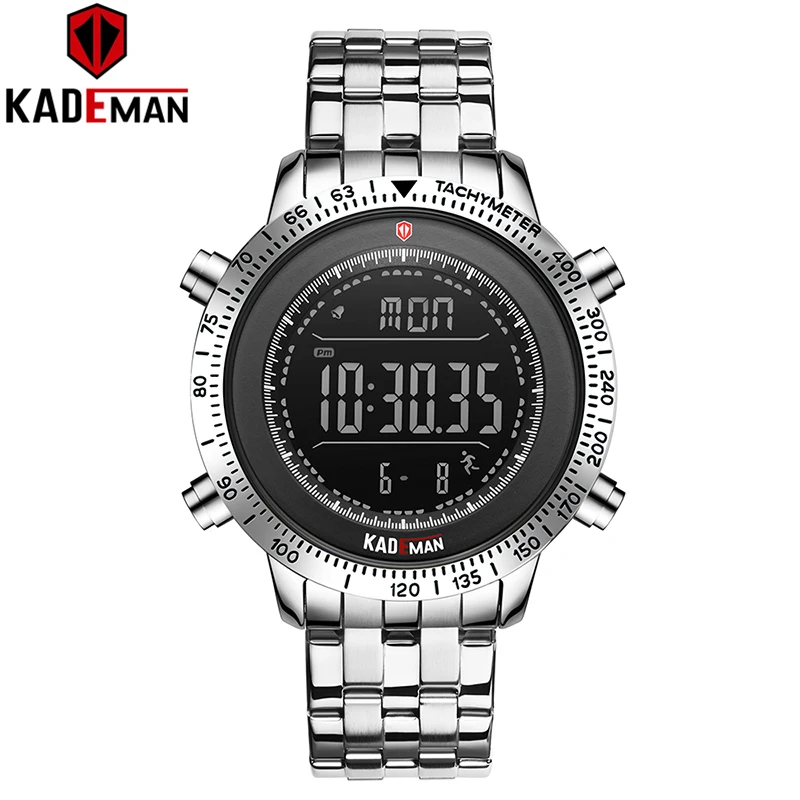 

2019 TOP KADEMAN Luxury Mens'Watches Tech Brand Quality Sport Step Counter Digital Watch 3ATM Full Steel LCD Military Wristwatch
