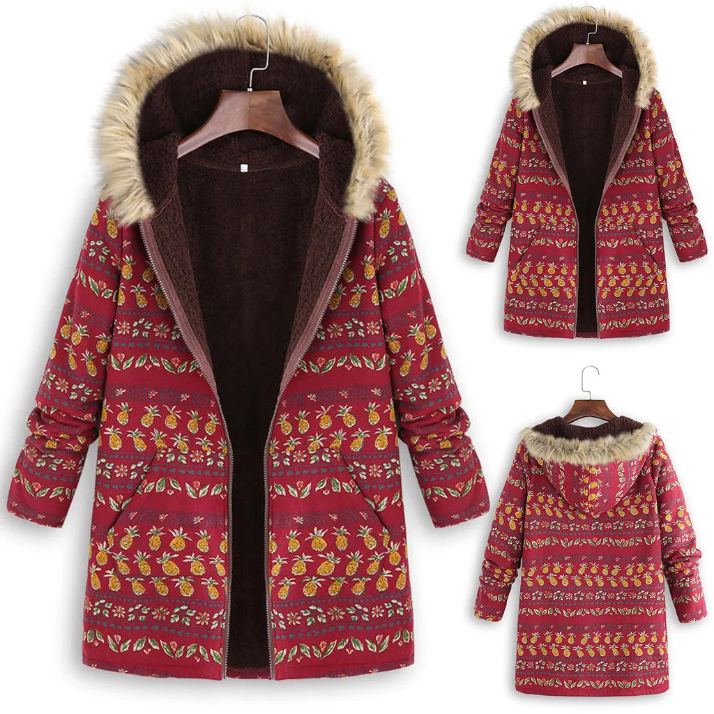 Женская куртка, плюшевое пальто, женские куртки с капюшоном, зимняя теплая верхняя одежда, карманы с цветочным принтом, винтажное ветрозащитное пальто большого размера# G3