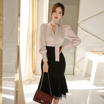 

Fashion women temperament comfortable solid cute shirt new arrival vintage elegant black trumpet skirt sexy 2 pieces women set