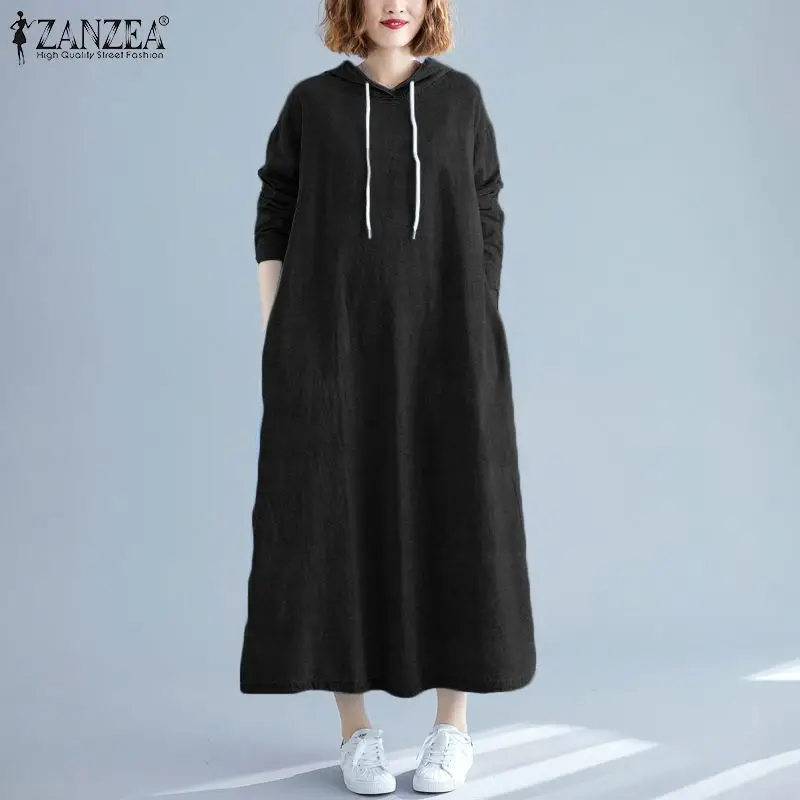 ZANZEA женские толстовки платье модные толстовки с длинным рукавом толстовки с карманами джинсовые пуловеры худи Длинные Макси платья