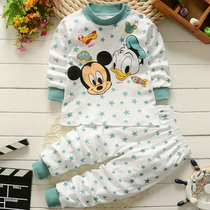 Комплект одежды для малышей от 0 до 2 лет, зимняя хлопковая одежда для новорожденных мальчиков и девочек детские пижамы с Микки Маусом из 2 предметов комплекты детской одежды унисекс